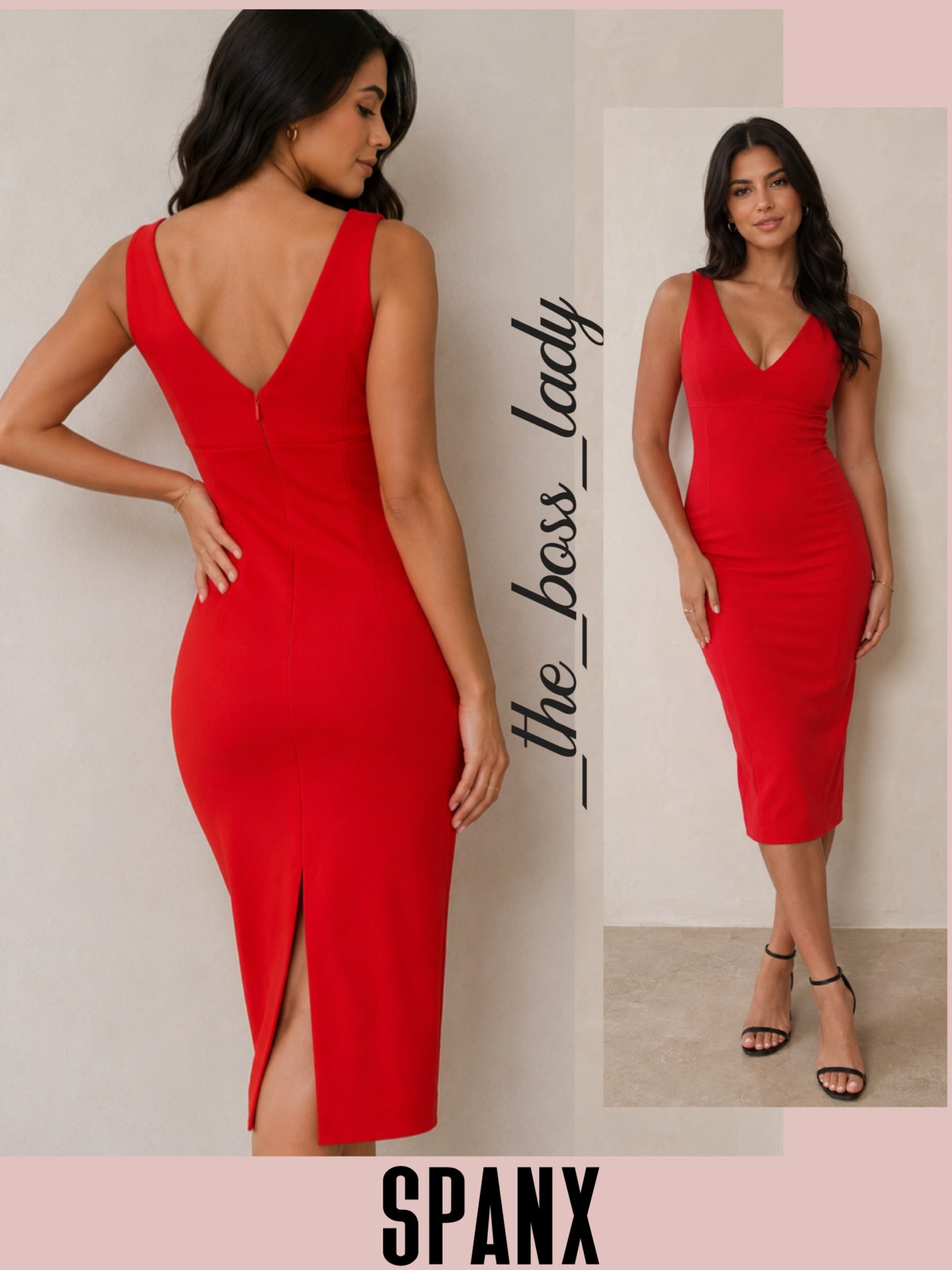 Spanx Dress Stretchy V-Neck Midi Sheath Back Slit Large